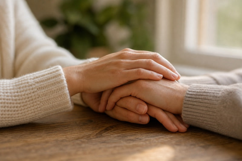 Hands held in a supportive gesture