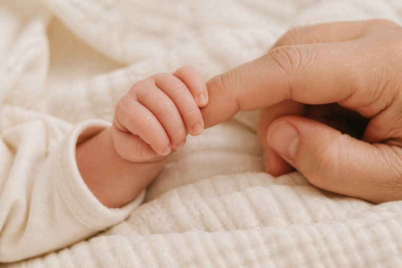 Newborn hand holding a parent's finger