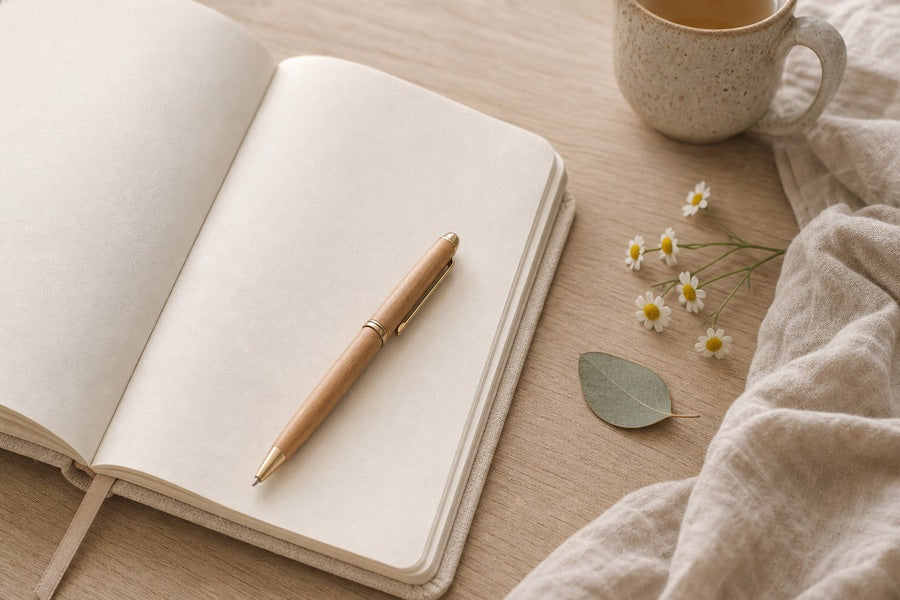 Open journal, flowers, and wooden pen